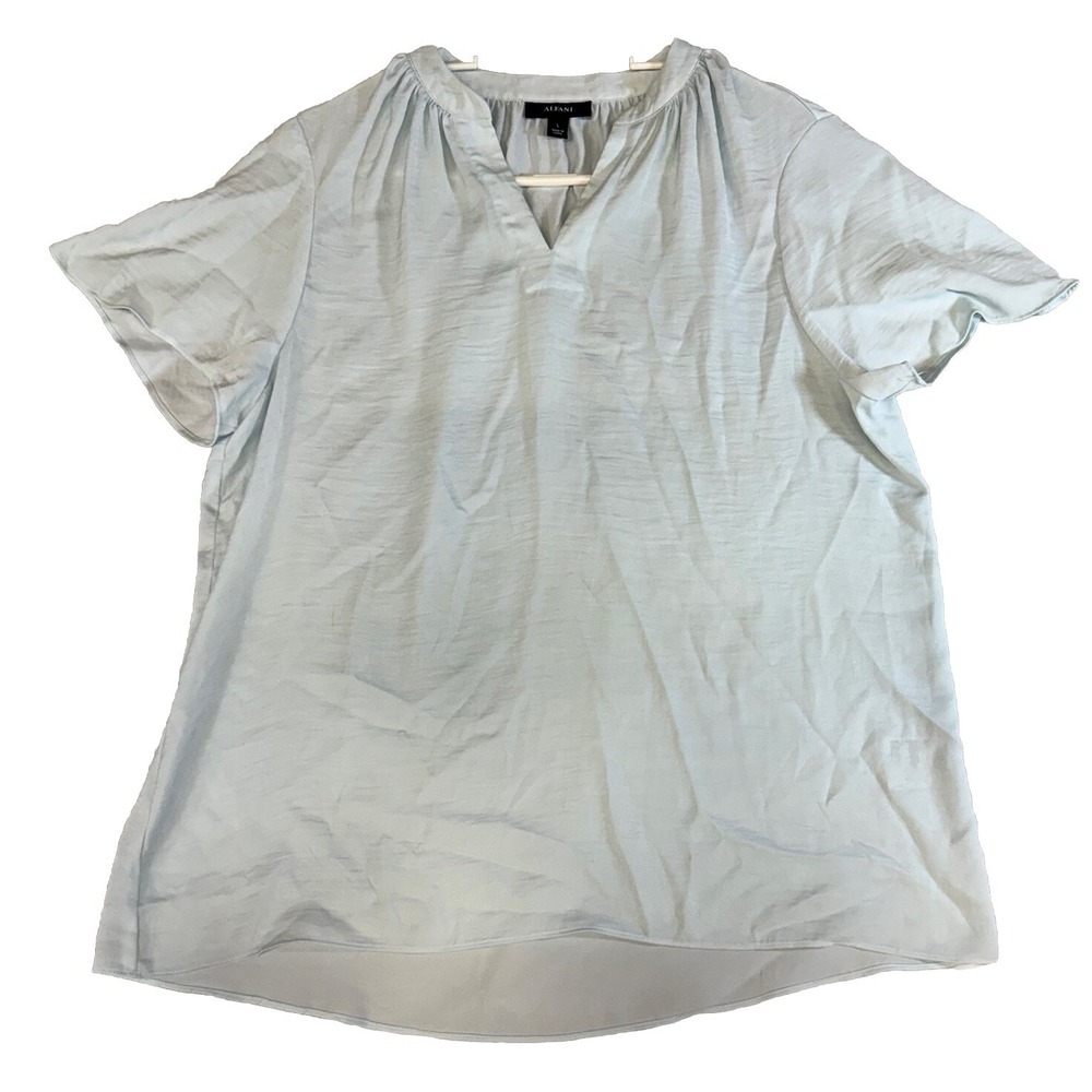 Alfani Women's Large Short Sleeve Button Blouse Light Blue V-Neck Top w/flaw